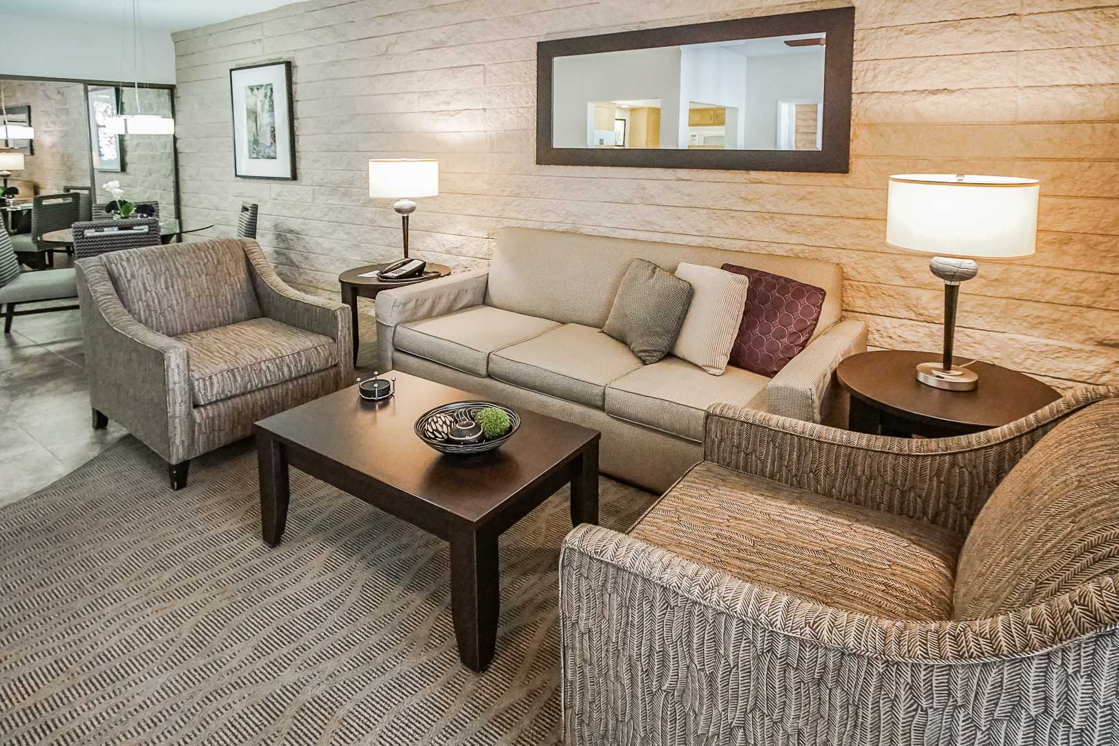 A modern living room area at VRI's Palm Springs Tennis Club in California.